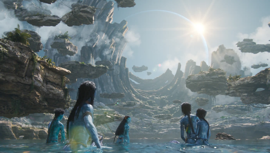 Scene from Avatar 2: The Way of Water with the kids going to a sacred spot to look at the eclipse