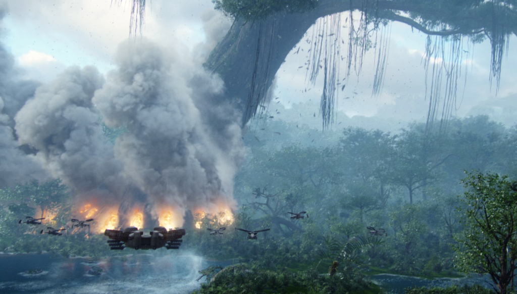Battle scene from Avatar 1 as the "sky-people" begin their attack against the Na'vi's Hometree