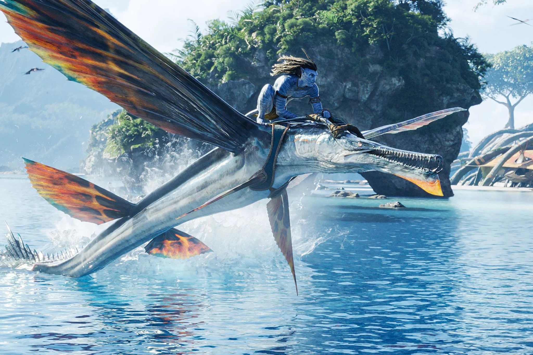 Jake Sully riding a flying beast in Avatar 2: The Way of Water