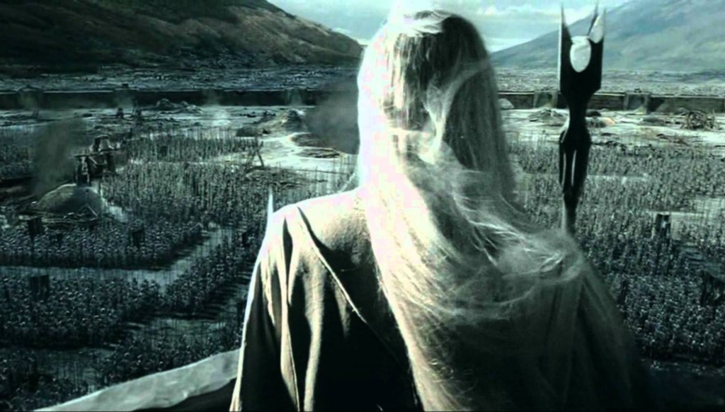 Saruman looking at his orc army in Lord of the Rings